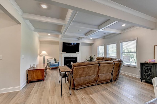 living room featuring light wood-type flooring, coffered ceiling, crown molding, and beam ceiling