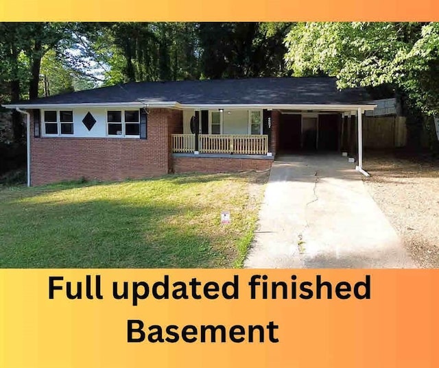 ranch-style home featuring driveway, a front lawn, a porch, a carport, and brick siding