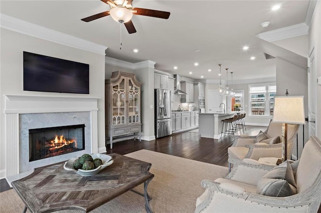 living area featuring a fireplace, ornamental molding, dark wood-style flooring, and recessed lighting