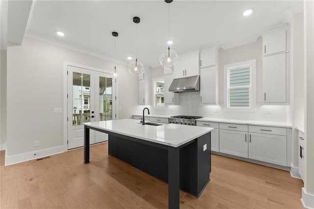 1419 Coretta Bnd, Atlanta, GA 30318 - kitchen with under cabinet range hood, a sink, french doors, backsplash, and a center island with sink