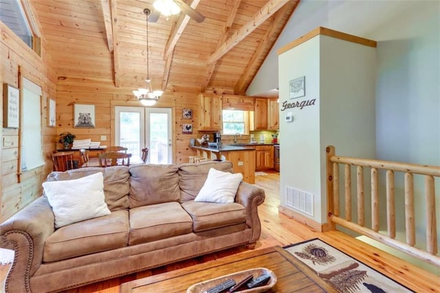 living area featuring wood ceiling, beam ceiling, wood walls, and light wood-style flooring