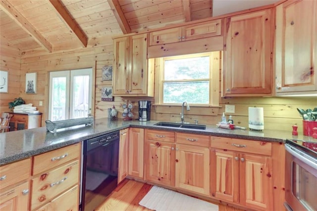 kitchen with wooden ceiling, dishwasher, wooden walls, and a sink