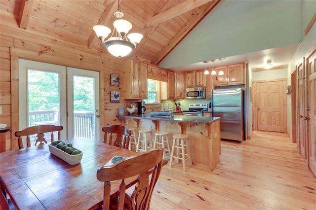 dining room featuring beamed ceiling, wooden ceiling, light wood-style flooring, and wooden walls