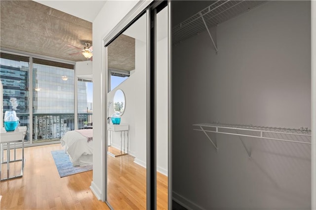 spacious closet featuring wood-type flooring and ceiling fan