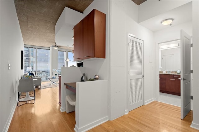 hall with light hardwood / wood-style floors and sink