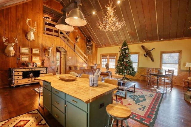 kitchen featuring green cabinets, butcher block counters, wood walls, and wood ceiling