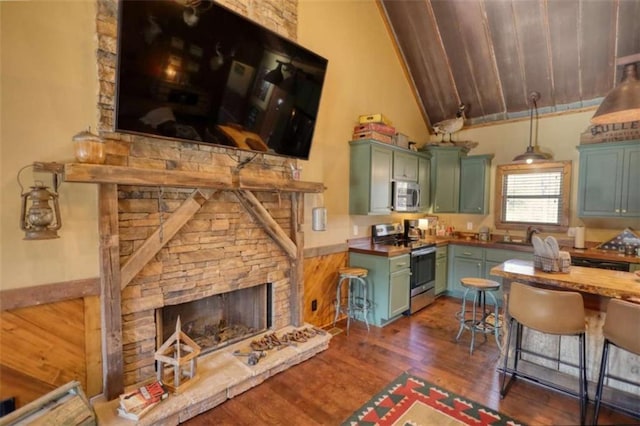 kitchen featuring green cabinets, a stone fireplace, appliances with stainless steel finishes, and dark wood-type flooring