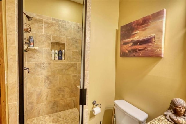 full bathroom featuring a stall shower and toilet