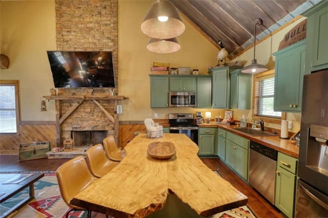 kitchen with appliances with stainless steel finishes, wainscoting, a sink, a stone fireplace, and green cabinetry