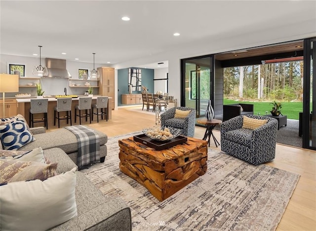 living room with light hardwood / wood-style flooring