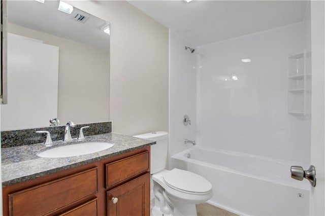 full bathroom featuring shower / bath combination, vanity, toilet, and tile patterned flooring