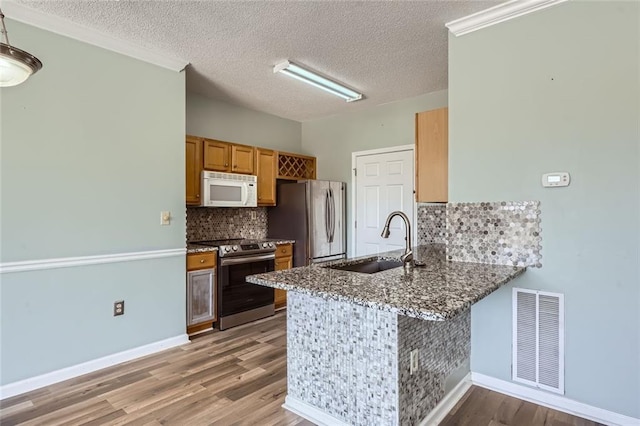 kitchen featuring sink, tasteful backsplash, light wood-type flooring, appliances with stainless steel finishes, and kitchen peninsula