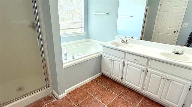 full bath featuring a shower stall, a bath, tile patterned flooring, and double vanity