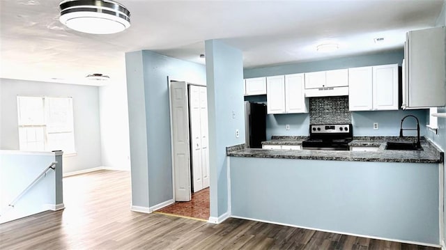 kitchen with electric stove, a sink, under cabinet range hood, freestanding refrigerator, and white cabinets