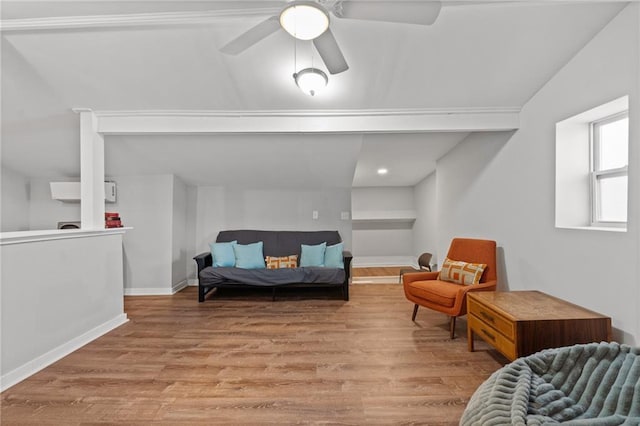 3595 S St NW, Duluth, GA 30096 - living area with wood finished floors, a ceiling fan, baseboards, and lofted ceiling