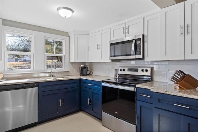 3595 S St NW, Duluth, GA 30096 - kitchen with stainless steel appliances, a sink, blue cabinetry, white cabinetry, and decorative backsplash
