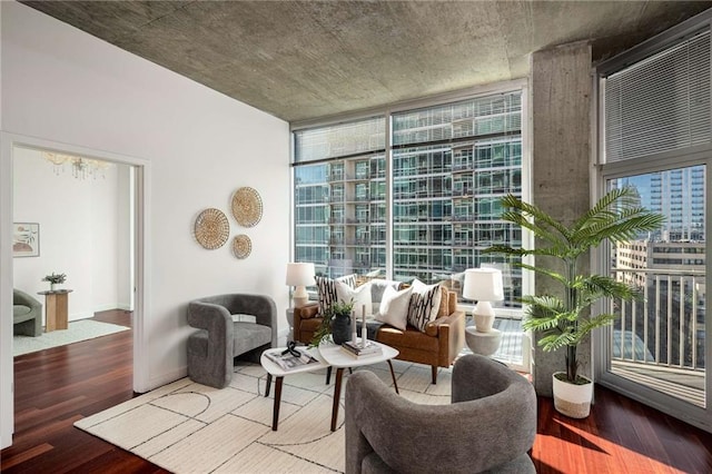 living area featuring wood finished floors and expansive windows