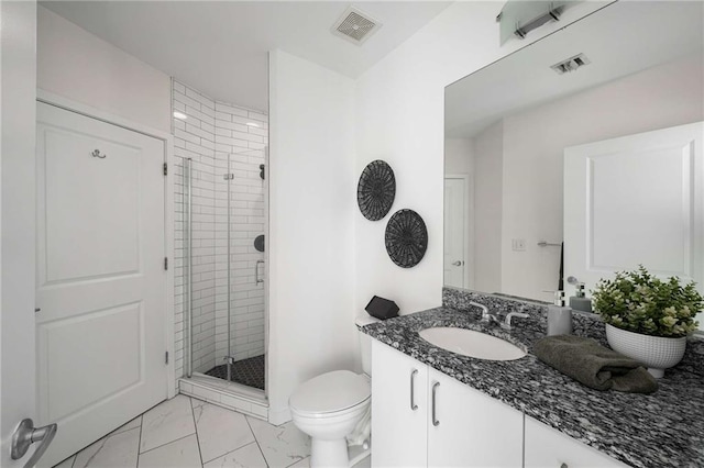 full bath featuring visible vents, toilet, marble finish floor, and a stall shower