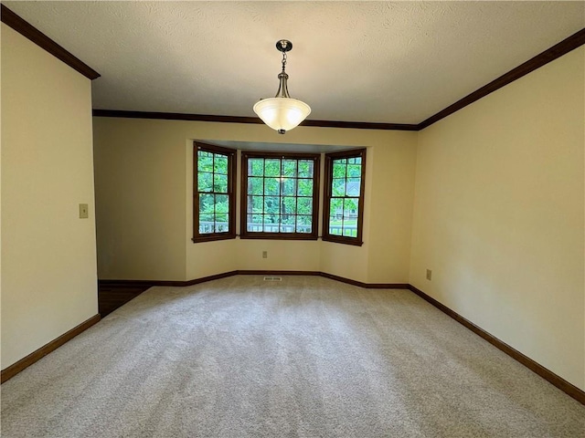 empty room featuring carpet flooring, ornamental molding, baseboards, and a textured ceiling