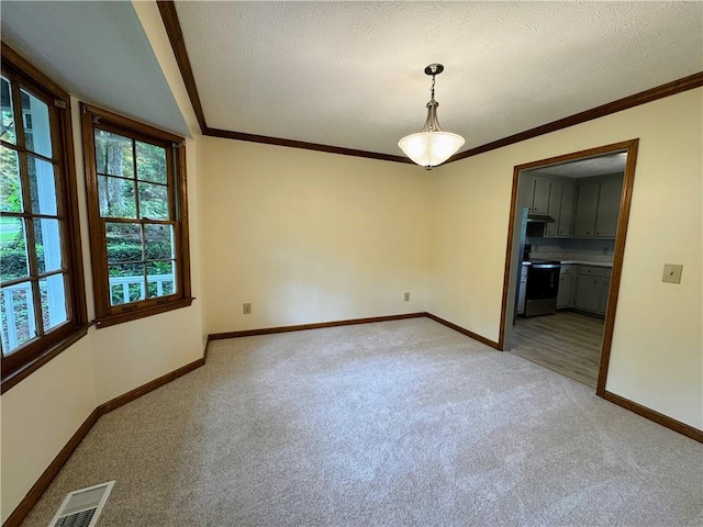 empty room with light carpet, baseboards, crown molding, and a textured ceiling