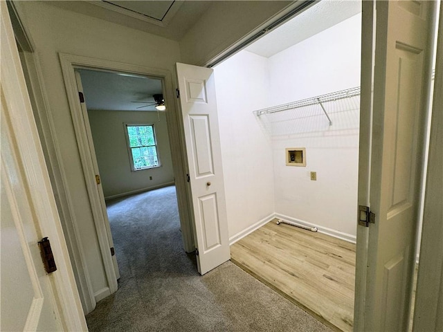laundry area with hookup for a washing machine, carpet floors, and baseboards