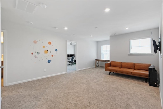 living room with light carpet