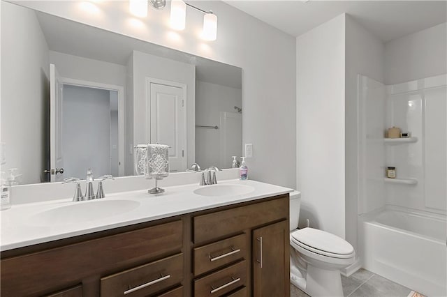 full bathroom featuring shower / bathing tub combination, tile patterned flooring, vanity, and toilet