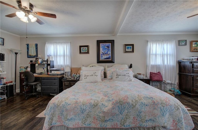 bedroom featuring a ceiling fan, a textured ceiling, dark wood-style floors, and crown molding