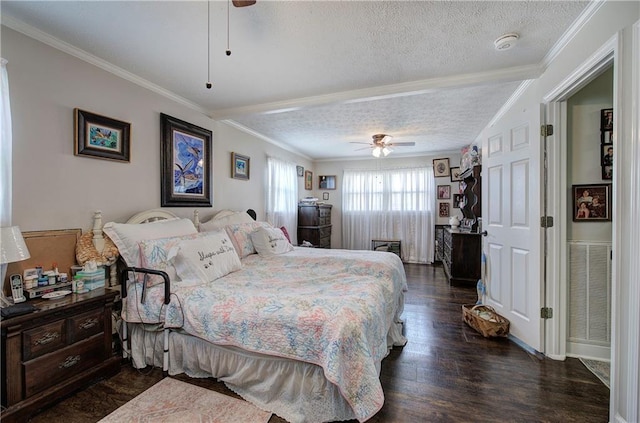 bedroom featuring visible vents, crown molding, ceiling fan, a textured ceiling, and dark wood-style flooring