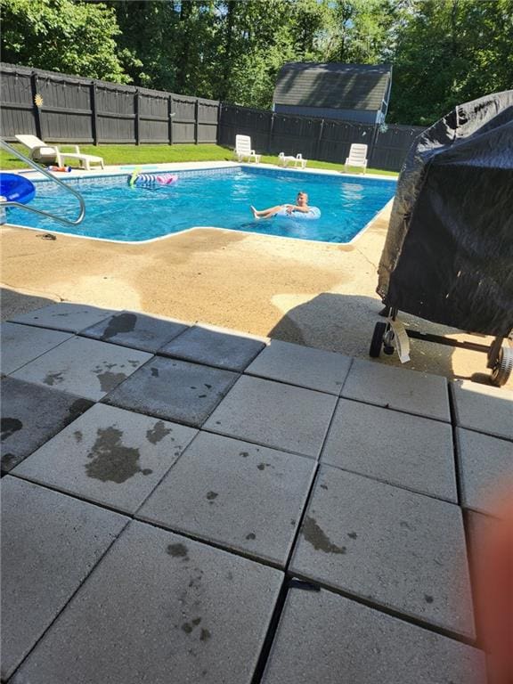 view of pool featuring grilling area, a fenced in pool, a patio, and a fenced backyard