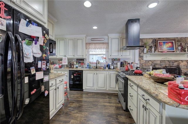 kitchen featuring dark wood-type flooring, black appliances, island exhaust hood, a sink, and crown molding