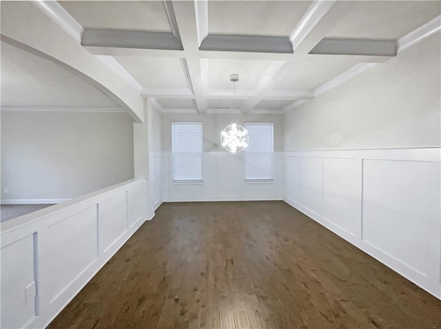 bonus room featuring dark hardwood / wood-style floors, a chandelier, and beam ceiling