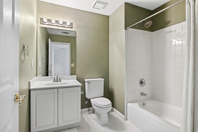 full bathroom featuring toilet, tile patterned flooring, shower / bathtub combination with curtain, and vanity