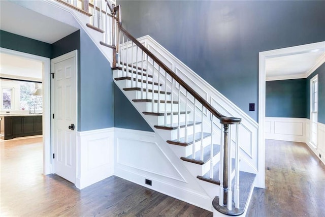 staircase featuring plenty of natural light, a decorative wall, wood finished floors, wainscoting, and crown molding