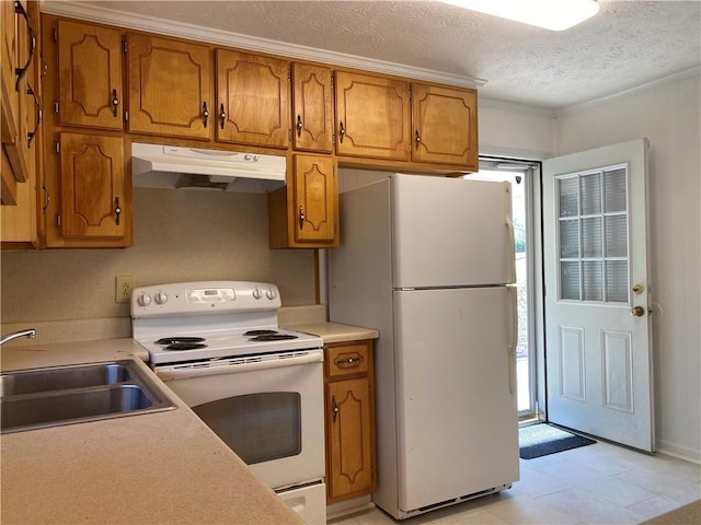 kitchen featuring a textured ceiling, white appliances, a wealth of natural light, and sink