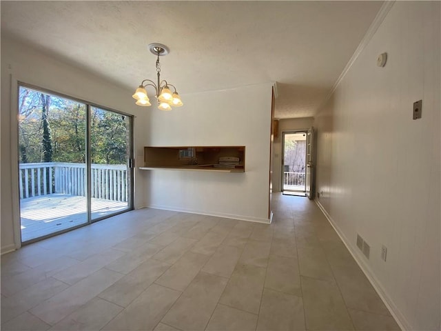 interior space with crown molding, light tile patterned floors, and a notable chandelier