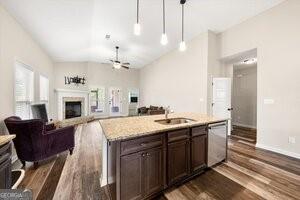 kitchen featuring dishwasher, dark hardwood / wood-style floors, and vaulted ceiling