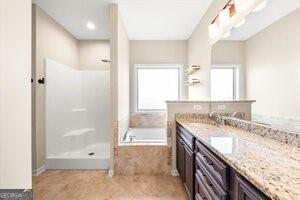 bathroom with vanity and separate shower and tub