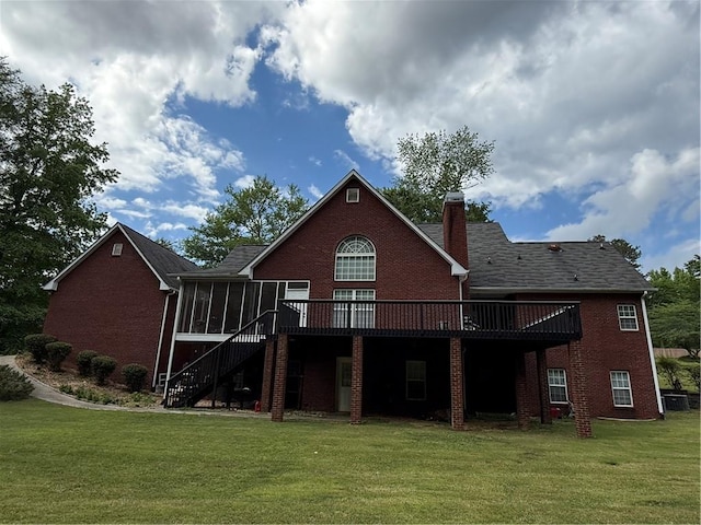 349 Bald Rock Rd, Oxford, GA 30054 - back of property featuring a sunroom, a wooden deck, and brick siding