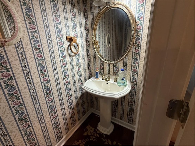 349 Bald Rock Rd, Oxford, GA 30054 - half bathroom with wallpapered walls and baseboards