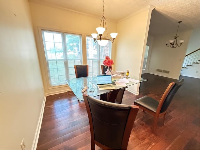 349 Bald Rock Rd, Oxford, GA 30054 - dining area with a chandelier, crown molding, wood finished floors, baseboards, and stairs