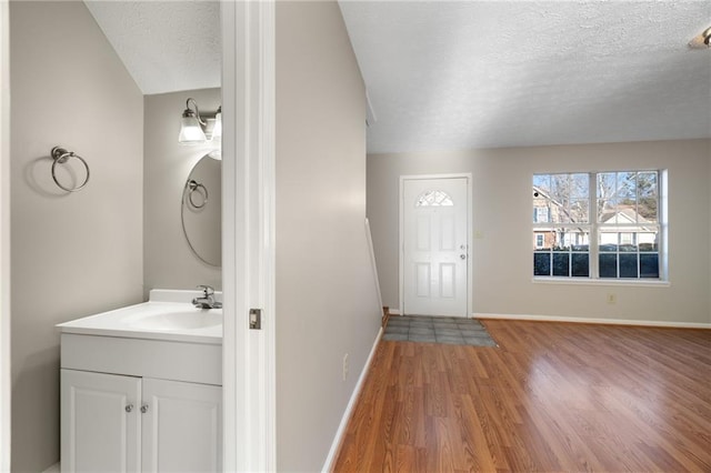 foyer entrance with sink, light hardwood / wood-style flooring, and a textured ceiling