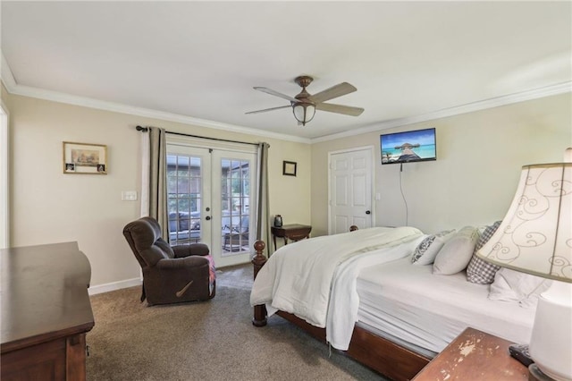 bedroom with french doors, access to exterior, crown molding, carpet floors, and ceiling fan