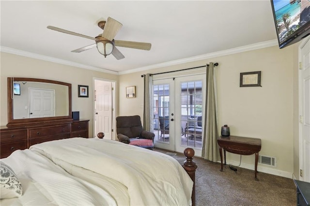 carpeted bedroom featuring french doors, access to outside, crown molding, baseboards, and a ceiling fan