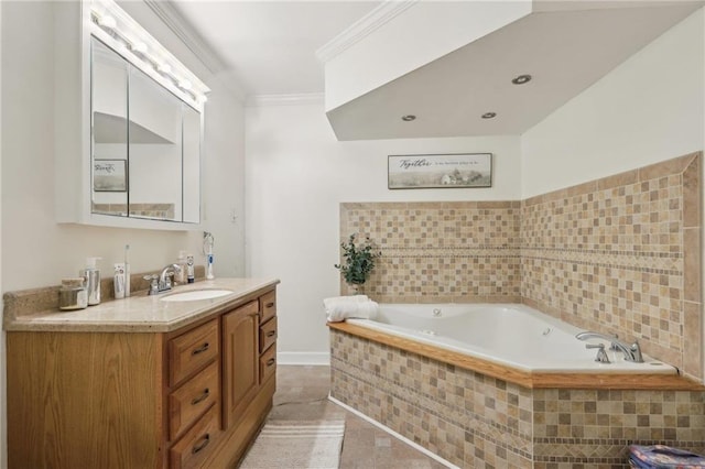 full bath with vanity, a bath, tile patterned floors, and crown molding