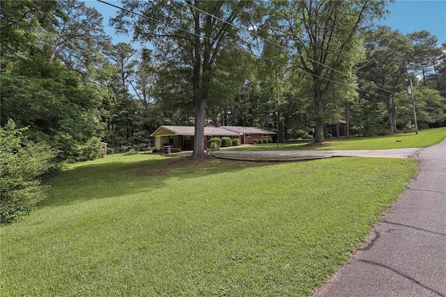 view of grassy yard with concrete driveway and view of wooded area