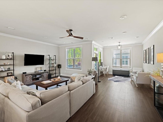 3862 Firewood Ln Unit 110, Suwanee, GA 30024 - living area featuring ceiling fan, dark wood finished floors, baseboards, crown molding, and recessed lighting