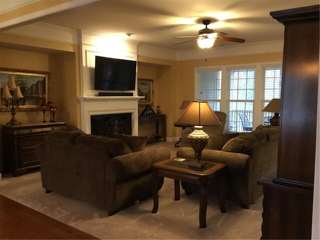 living room with ceiling fan and light wood-type flooring