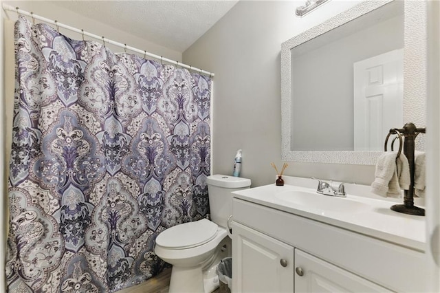 bathroom with vanity, toilet, wood finished floors, and a textured ceiling