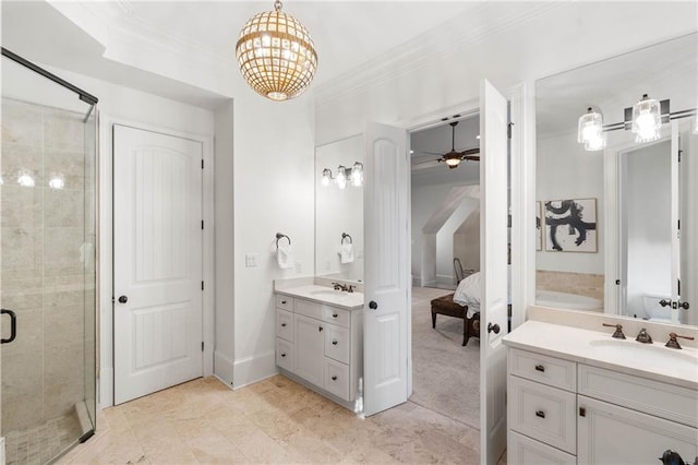 bathroom featuring vanity, crown molding, a shower with shower door, and ceiling fan with notable chandelier